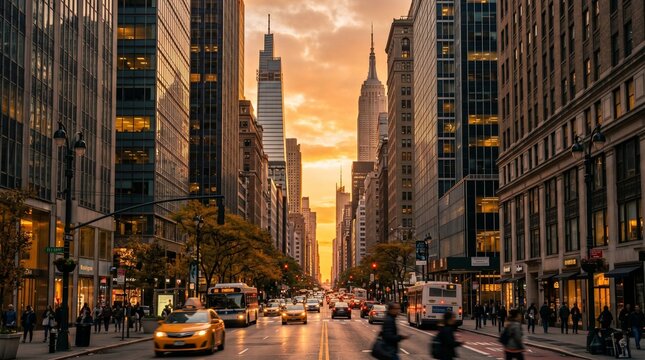 New York City Street Scene at Sunset with Empire State Building
