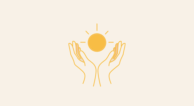 Hands holding sun icon, light, hope, and energy concept, minimalist vector illustration.