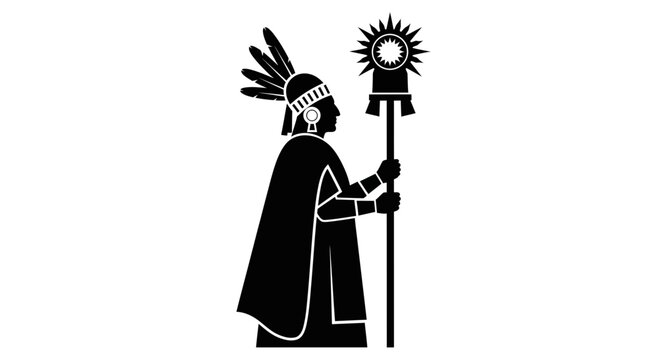 Inca Emperor Warrior Silhouette Icon with Sun Symbol Staff, Ancient Peru