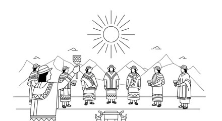 Naklejka premium Inca Sun Ceremony Ritual with People in Traditional Clothing and Mountains