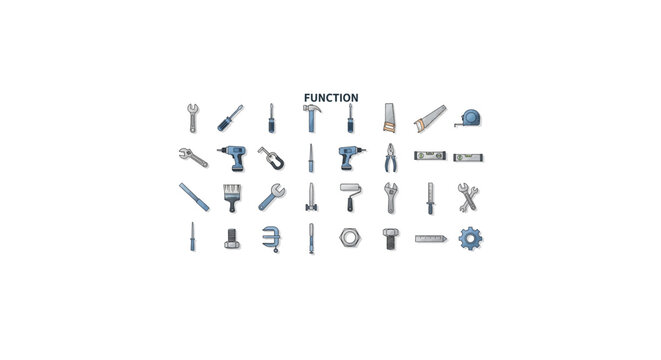 Set of various hand tools and equipment icons for different functions and repairs.