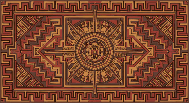 Intricate Geometric Pattern Textile Art, Sun Symbol, Ancient Design, Earth Tones