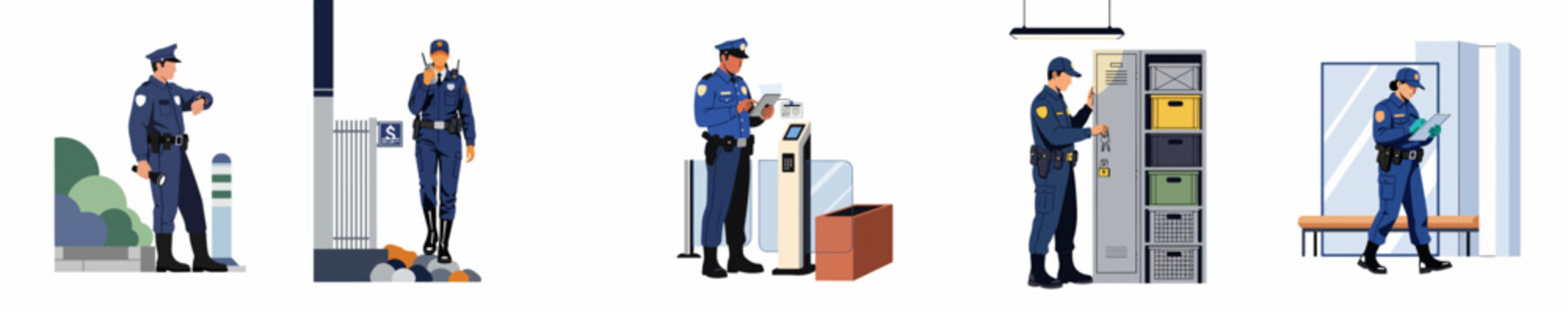 Collection of security guard characters in uniform performing various professional duties such as patrolling, checking IDs, monitoring access, and writing reports.