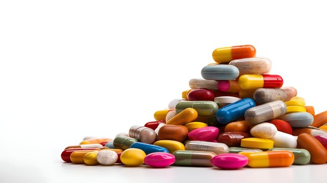 A vibrant stack of assorted pills and capsules on a white background, illustrating the diversity of medications and their vivid colors.