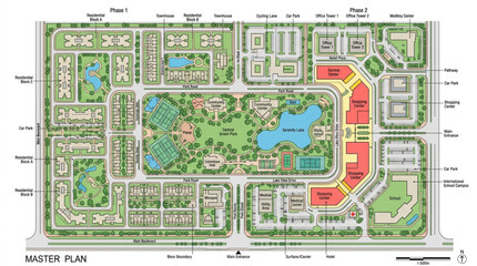 Obraz premium Master Plan Cityscape Aerial View with Buildings and Green Spaces.