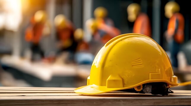 A vivid image of a yellow hard hat placed on wooden planks at a construction site, symbolizing safety and hard work in the construction industry.