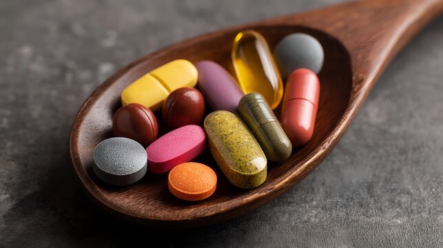 A wooden spoon holding a variety of colorful vitamins and supplements, showcasing their unique shapes and sizes against a dark textured background.