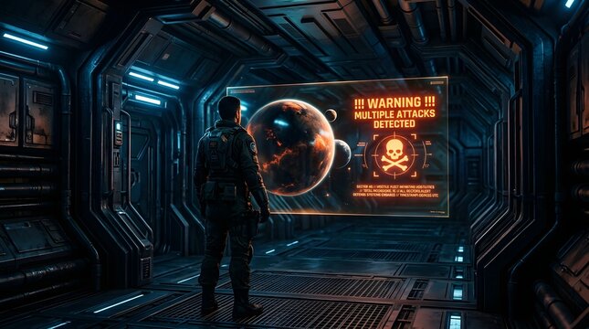 Space marine monitoring planetary assault futuristic sci fi corridor with warning display