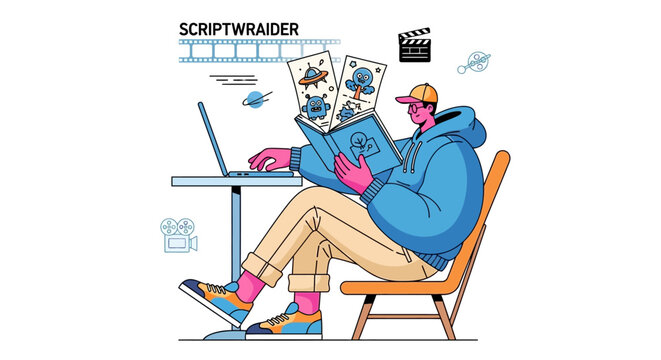 Young man engrossed in creative work on laptop and book.