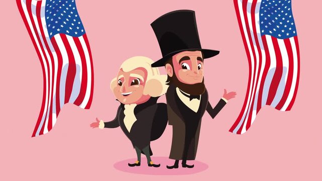 Abraham lincoln and george washington dynamic animation with usa flags, perfect for presidents day footage.