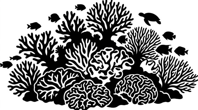 Black and white illustration of coral reef with fish and sea turtles.