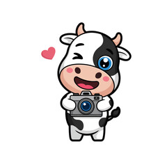 Naklejka premium Cute cartoon cow mascot character holding camera and winking, funny cheerful dairy cattle photographer, isolated vector illustration