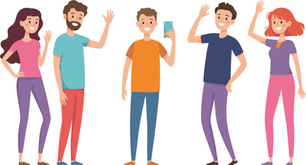 Friendly people waving set, casual characters greeting illustration, diverse young adults saying hello and communicating © Kaiyum