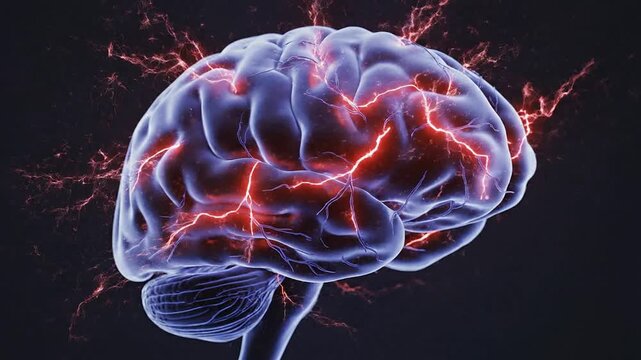 Cinematic 3D CGI Visualization Showcasing Caffeine Withdrawal Effects on the Human Brain with Dynamic Neural Activity Impulses in Dark Background