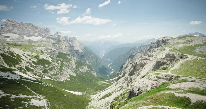 Valley seen from the Tre Cime di Lavaredo, Dolomites, Italy