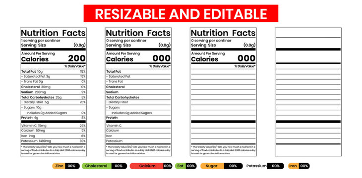 Nutrition facts label. Blank editable vector template. Custom mockup. Food packaging