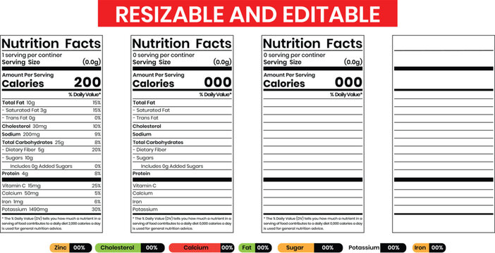 Nutrition facts label. Blank editable vector template. Custom mockup. Food packaging