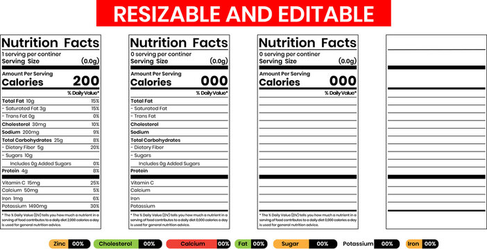Nutrition facts label. Blank editable vector template. Custom mockup. Food packaging