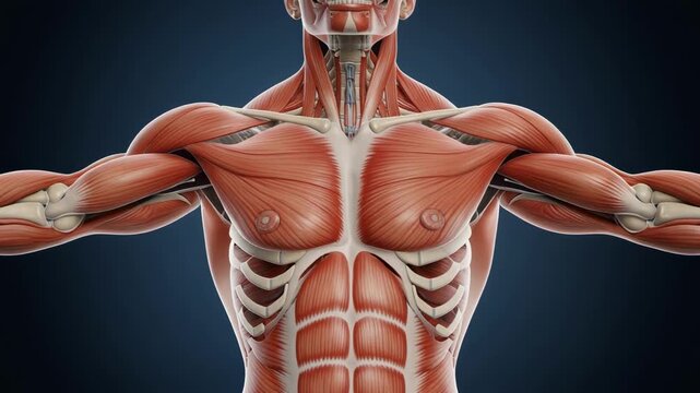 Firefly exploring detailed human muscular anatomy layers with vibrant colors and intricate structure visualization