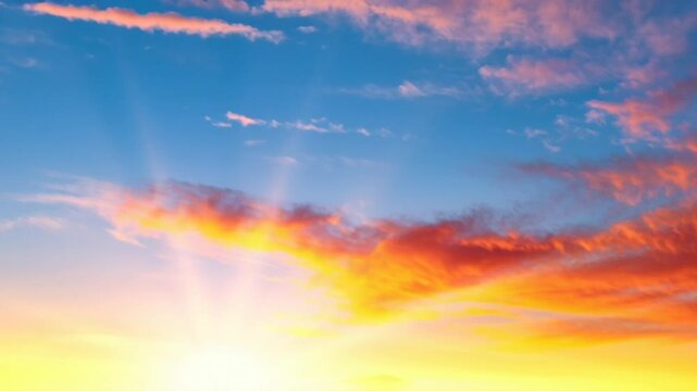Vibrant sunset scene with rays shining through orange clouds in a blue sky