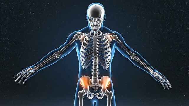 Clean CGI Depiction of Human Skeleton Highlighting Fall Risk Areas with Pelvic Emphasis Against Starry Background