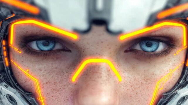 Close up of futuristic cyberpunk face with glowing neon outlines