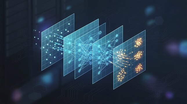 Artificial Intelligence Deep Learning Concept with Multi-layered Neural Network Visualization and Data Science Background