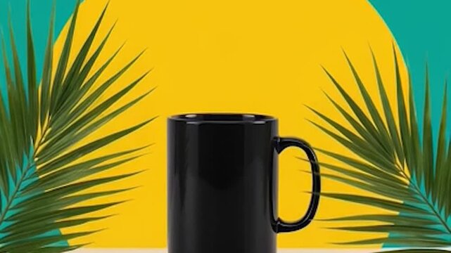 A plain black mug is displayed against a vibrant backdrop with foliage