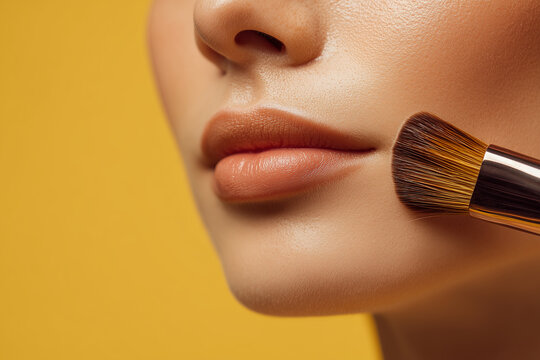 Close Up Beautiful Girl With Makeup Brush against with yellow background