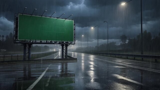 Stormy Safety Board. Highway Advertising. Insurance & Safety. a reinforced highway green screen billboard during a heavy rainstorm, set on a dark, wet interstate with puddles reflecting the dim sky
