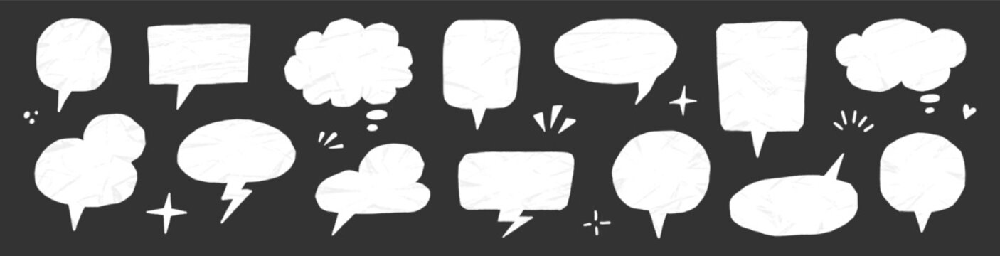 Paper speech bubble torn chat set. Hand drawn paper speech balloon ripped dialogue scrapbook texture frame. Retro notebook memo collage crumpled sticker conversation background. Vector illustration