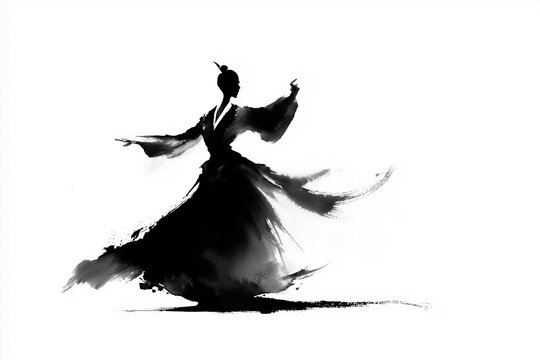 Chinese ink painting dancing woman silhouette  in sumi-e style