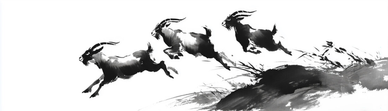 Chinese ink painting leaping goats in sumi-e style