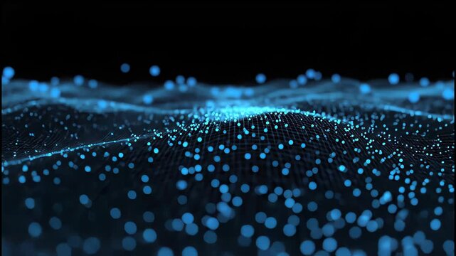 A futuristic abstract visualization depicts a glowing blue network of interconnected nodes and spheres against a stark black background, suggesting data flow and digital connectivity.