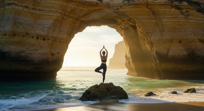 Woman doing yoga tree pose on rock at sea arch