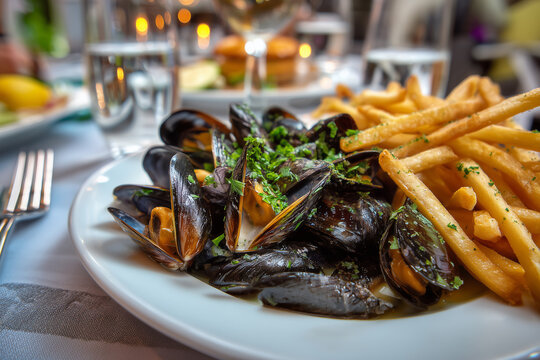Moules Frites on white plate on dinning table on the restaurant