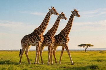 Obraz premium Three giraffes walking in grassland