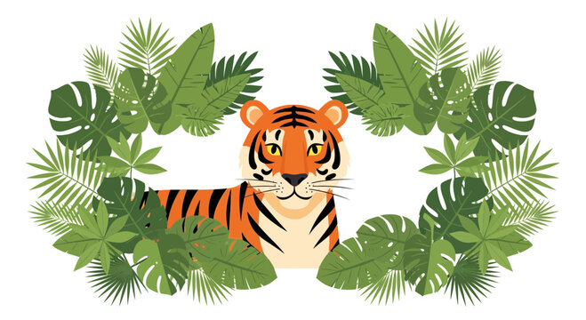 Cute Tiger Peeking Through Lush Tropical Jungle Leaves