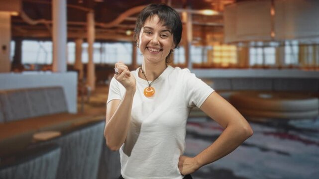 Woman winking and snapping fingers with orange pendant necklace and hand on hip in airport lounge, short hair and white tee; playful confidence.