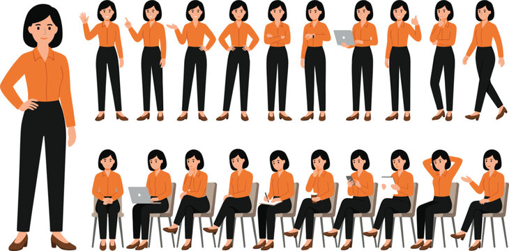 Professional Businesswoman Character Animation Set with Various Poses and Expressions Including Sitting, Standing, Walking, and Working on Laptop for Corporate Presentations and Explainer Videos