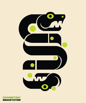 Geometric snake totem illustration, minimalist vector art of a stylized serpent with sharp teeth and neon green accents on a cream background