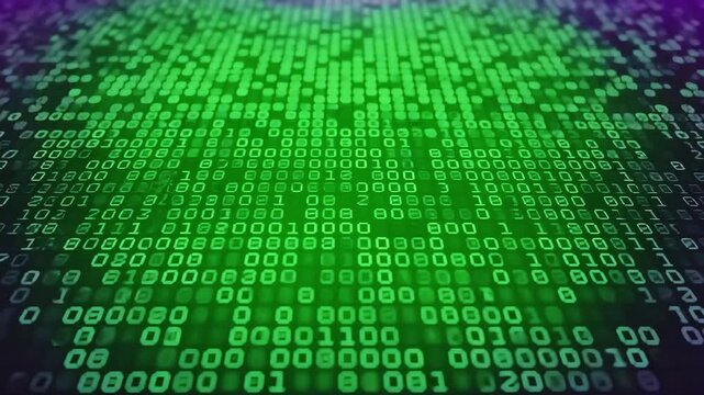 Digital Data Flow in Neon Green Binary Code with Glowing Light Effects on Dark Background.