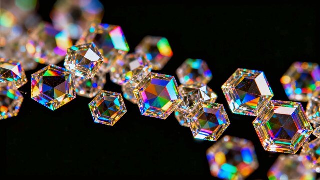 Microscopic View of Vitamin C Crystals Under Cross-Polarized Light with Rainbow Interference Colors on Black
