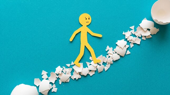 Walking on eggshells: a fragile path representing the anxiety of navigating sensitive situations or volatile tempers where one wrong step leads to a breakdown of peace and safety.