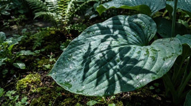 Close-up of a large glaucous blue-green Hosta leaf covered in water droplets with shadows cast by fern fronds in a lush shaded garden with moss and forest floor vegetation.