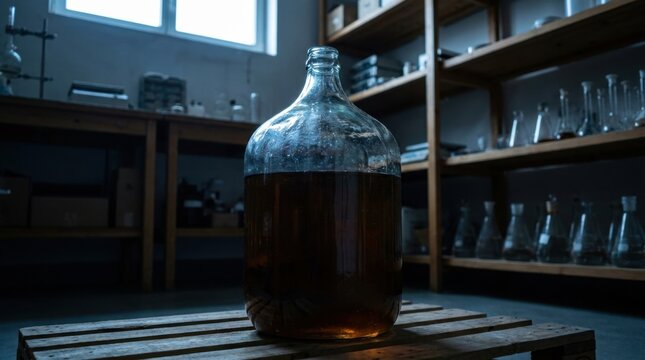 Large glass carboy filled with dark amber liquid placed on a wooden pallet in a dimly lit industrial laboratory setting featuring shelves of chemical glassware and equipment.