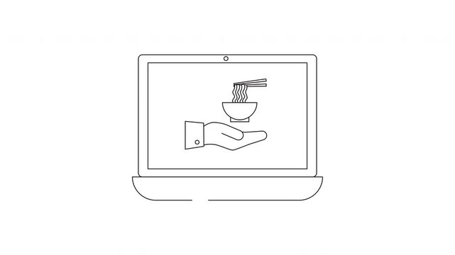 Minimalist Line Art Animation of Laptop Displaying Food Delivery Service Icon.