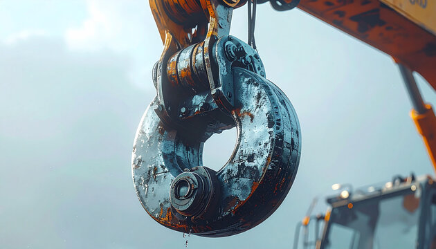 Crane Hook Close-up: A weathered crane hook hangs suspended, showcasing the strength and resilience of industrial machinery, ready for the next heavy lift.