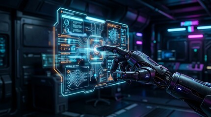 Fototapeta premium Robotic Hand Interacting with Artificial Intelligence HUD Hologram in Futuristic Lab