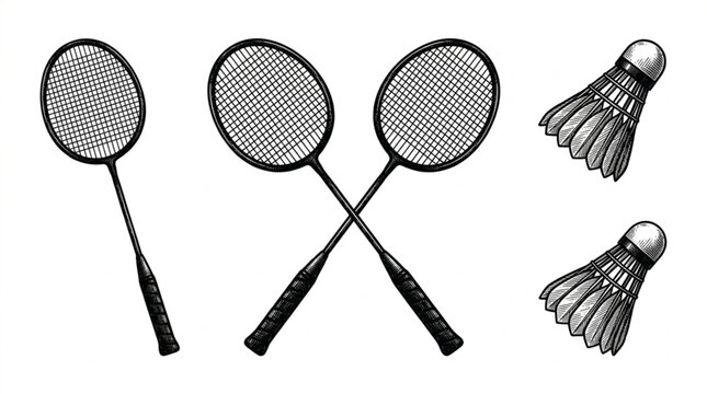 Badminton rackets and shuttlecocks on display.